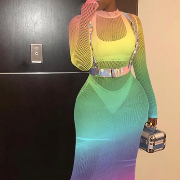 Rainbow Bodycon Mesh Dress www.sambellaspalace.com - Picture 1 of 2